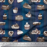 Soimoi Blue Poly Georgette Fabric Fruits & Cupcake Food Printed Fabric Wide