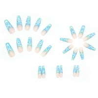 Лъскави сини фалшиви нокти гофрирани дълги балетни нокти за жени и момичета желе лепило
