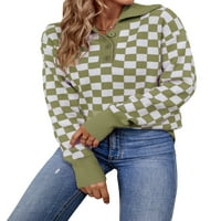Eyicmarn жени шахматна дъска печат трикотаж с дълъг ръкав копче за копче за разхлабени пуловери пуловерни върхове