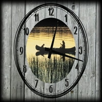 Голям стенен часовник върху платно изкуство кану на спокойно езеро с най -добрия приятел за кучешки риболов на човека