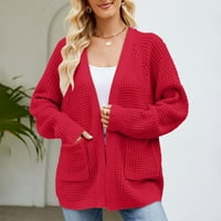 Qiaocaity женски бутон с дълъг ръкав надолу V Neck Classic пуловер плетен жилетка със средна дължина тънък плетен пуловер Red L