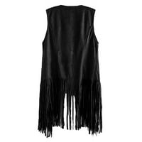 Жени ресни жилетка кожа реколта зима западна кънтри каубойка жилетка жилетка на жилетка Gilet Long Femme Black XL