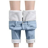 Женски високо талии Разхлабени уплътнени топли плюшени прави дънки Haren Pants Classic Plus Jean Pants for Women Bell Bottom