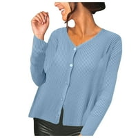 Kali_store дамски пуловери жилетка дамски отворени предни плетени жилетка с дълъг ръкав небрежен бутон надолу пуловер с джобове синьо, l