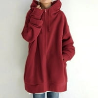 Жени плюс размер зимен цип качулка пуловер с качулка с дълго яке суичър палто червено xxxxl