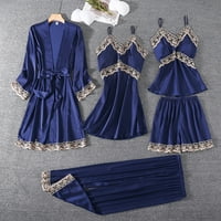Пижама за жени, поставени женски сатенен пижама, комплект флорална дантела гарнитура бельо спално облекло тъмно синьо L