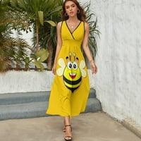 Сладка пчелна женска макси рокля лято V шия без ръкави смешни отпечатани рокли