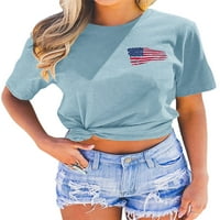 Frontwalk Women Summer Tops Us Flag Print Тениска с къси ръкави ризи плаж удобно независимост ден Tee Crew Neck Pullover Tunic Blouses Светло син л