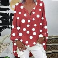 Hfyihgf плюс размери върхове за жени полка точка отпечатана туника блуза памучно бельо свободно отдих развлечение с дълъг ръкав с тениски с тениски с магьосничество пуловер червено xxl