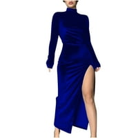 Женски макет на шията разделяне на бедрото midi bodycon коктейл рокля рокля с дълъг ръкав кадифени рокли сини xxl