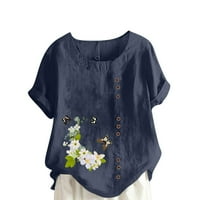 Женски летни върхове ежедневни флорални тениски за тениски с къс ръкав с кръгла шия памучен бельо с тениски с детайли за бутон