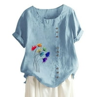 Дамски летни върхове с къс ръкав ежедневна блуза флорални жени ризи кръгло деколте светло синьо s