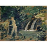 Ernst Schiess Black Ornate Wood Famed Double Matted Museum Art Print, озаглавен - Bouning Boy in a River in the Woods