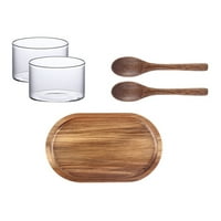 Поставете японски стил, сервиращ чиния дървен десерт, сервиращ табла с лъжици чаши