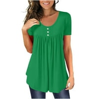 Fengqque плюс размер блуза за жени дължина на лакътя свободен приготен блуза върхове плътни кръгли копчета за шия плим от върхове с къс ръкав зелени s
