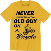 Никога не подценявайте стар човек на велосипедна забавна мъжка тениска