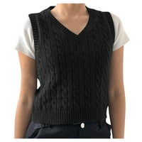 Женски пуловер Vest- V Врат без ръкави за свободното време Топ пуловер Елегантен тънък удобни плетени върхове черни