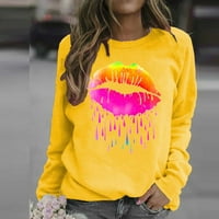 Scyoekwg дамски дълги ръкави туники върхове есенни модни графични тийнейджъри суичъри кръгли шия леки свободни удобни блузи пуловер ежедневни ослепителни устни печат жълт xl xl